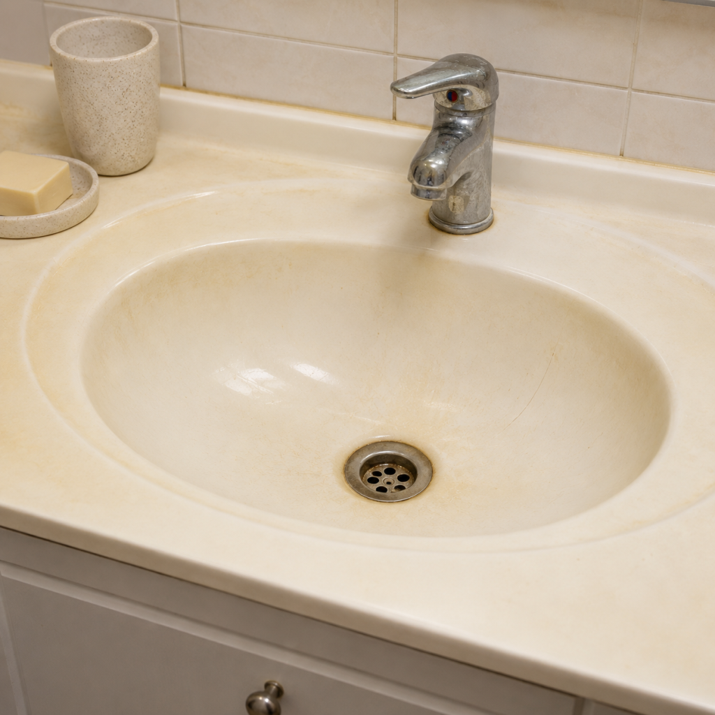 Lavabo jauni par le calcaire et les dépôts avant nettoyage