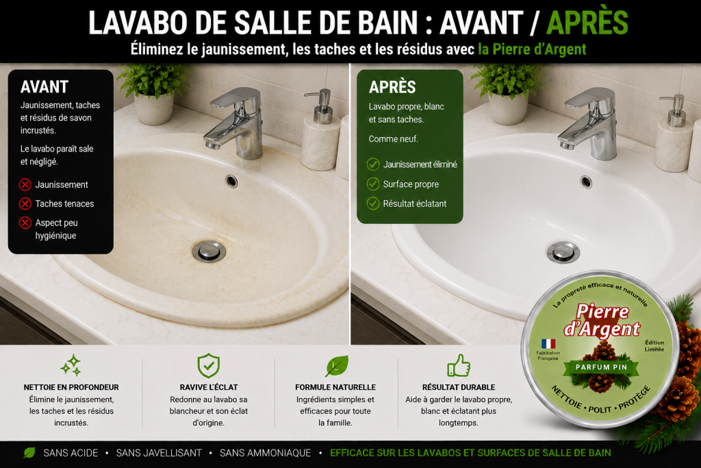 Lavabo de salle de bain jauni avant nettoyage et propre après nettoyage
