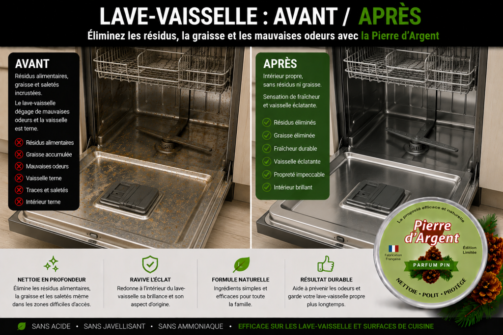 Lave-vaisselle avec mauvaises odeurs avant nettoyage et frais après nettoyage