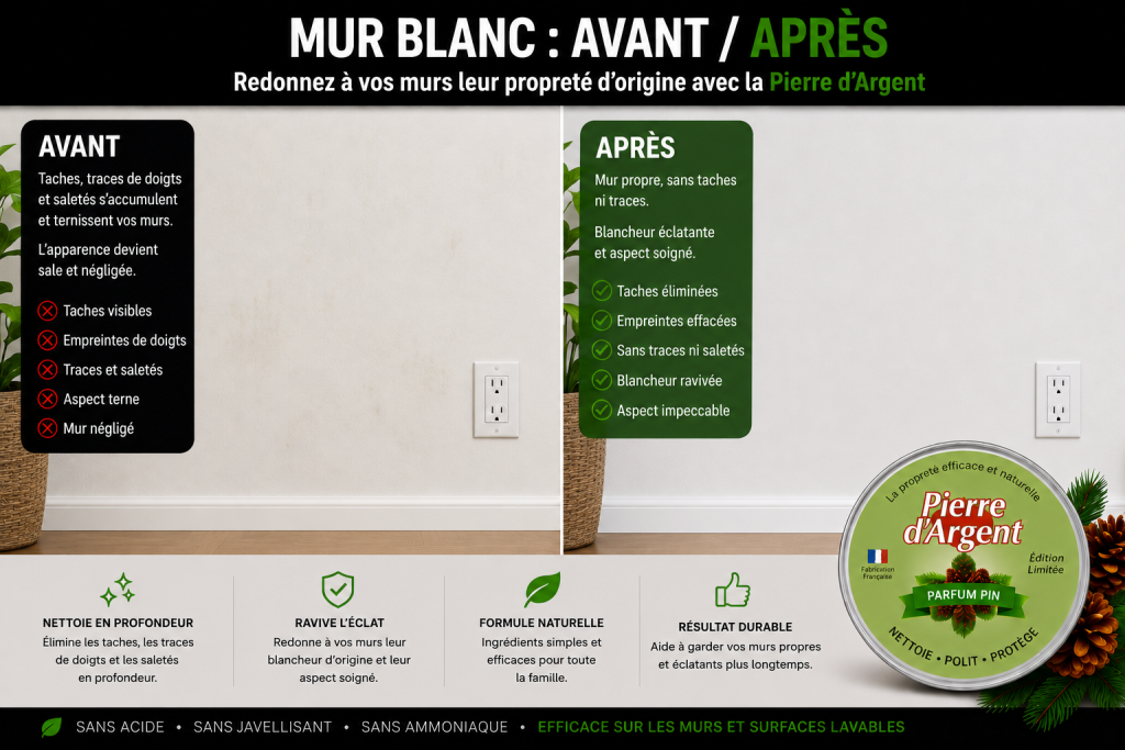 Mur blanc taché avant nettoyage et propre après nettoyage
