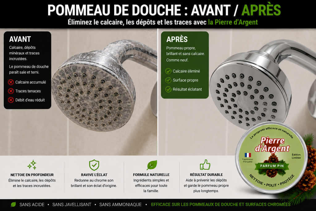 Pommeau de douche entartré avant nettoyage et propre après détartrage