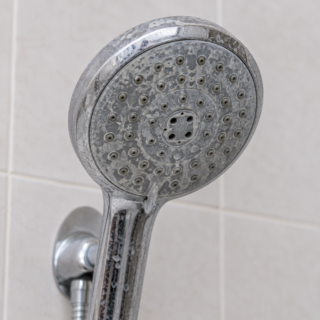 Pommeau de douche entartré avec dépôts de calcaire avant nettoyage