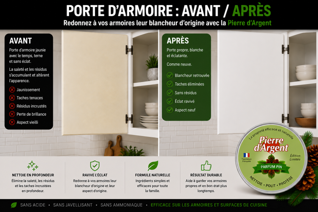 Porte d'armoire blanche jaunie avant nettoyage et propre après nettoyage