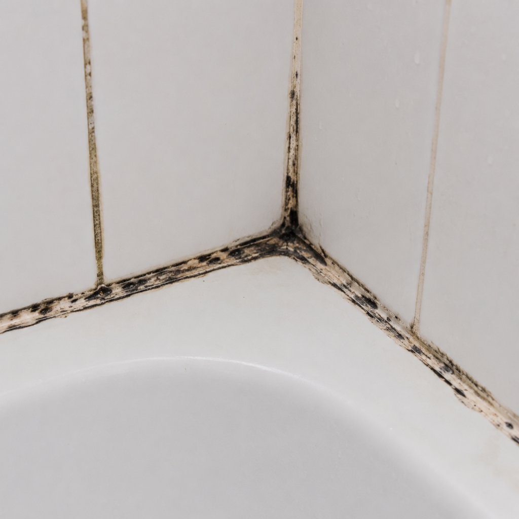 Joint de silicone noirci par la moisissure dans une douche avant nettoyage